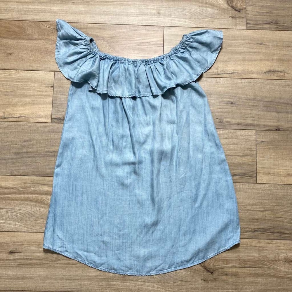 Lulus Standout Ruffle Chambray Off Shoulder Mini Dress Size Large‎ Light Blue